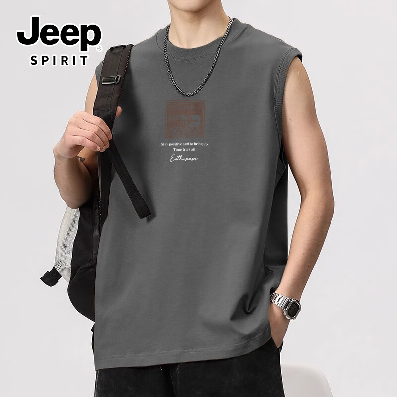 JEEP SPIRIT Men's Pure Cotton Vest Summer American High Street Outdoor Sports T-Shirt Breathable Loose Trendy Sleeveless Shirt 3