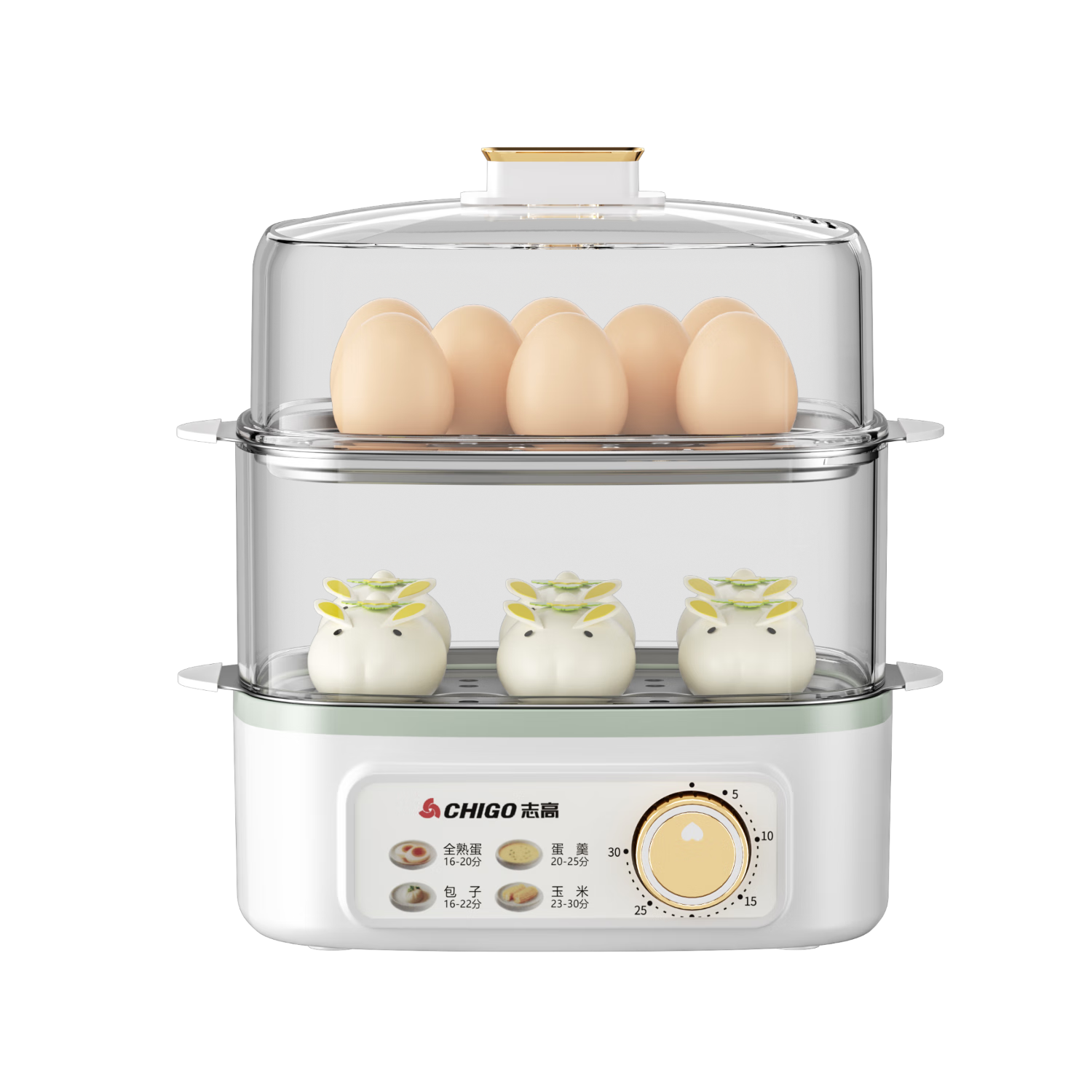CHIGO Egg Cooker Stainless Steel Steamer Plate Small Steamer Knob Timer Auto Power Off 2026 Model Breakfast Egg Boiler Double Layer JPZDQ859