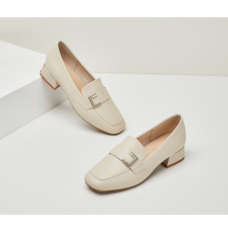 DAPHNE Women's Single Shoes, Retro Square Toe with Buckle Loafers, Chunky Heel Slimming Slip-On Commuter Shoes 4623101007 Beige 39 16