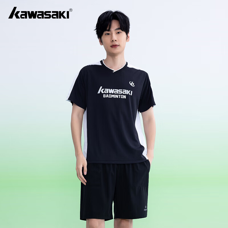 KAWASAKI Men's Badminton Sports Short Sleeve T-Shirt Quick-Dry Breathable Casual C1026 Black White 4XL