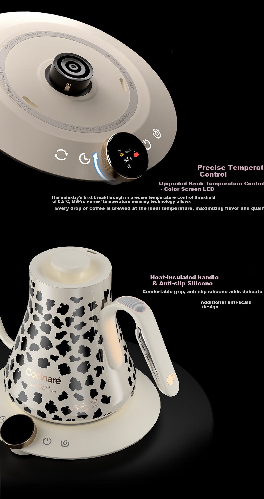 Cocinare Hand-Operated Pour-Over Kettle, Coffee Maker with Temperature Control And Color-Changing Function, Electric Kettle for Brewing Coffee, C Jia M9Pro Pink Panther 0.9L 2
