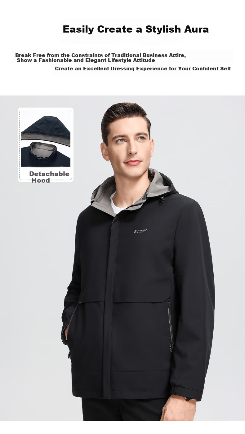 ROMON Double-Sided Lapel Jacket for Men with Detachable Hood, Easy-Care Business Coat for Young And Middle-Aged Men in Spring 2
