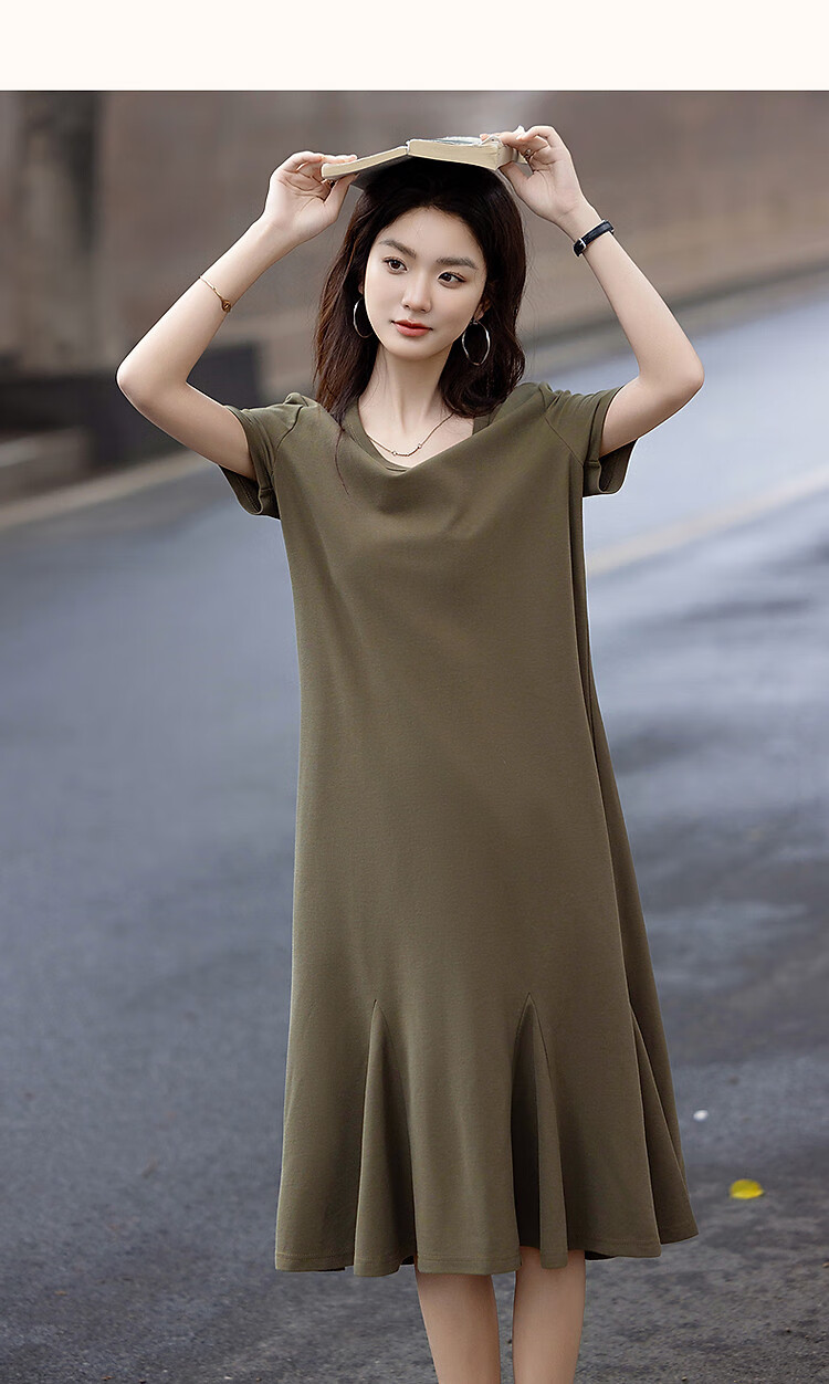 Demana Gentle Cloud Cotton Summer Relaxed V-Neck Loose Patchwork Hem Knitted Mid-Length Straight Women's Dress 25