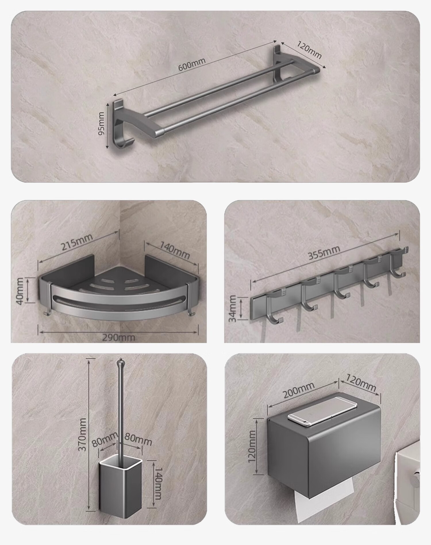 Youqin Gunmetal Towel Rack Bathroom No-Drill Towel Storage Rack Wall-Mounted Space Aluminum Bathroom Toilet Hanging Rod 19