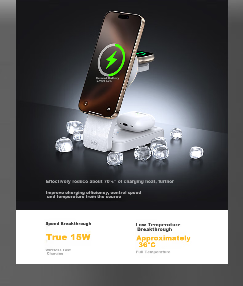 W&P QI2 Certified Apple 18-In Wireless Charger, Portable Magnetic Stand, 25W/15W Fast Charging, Compatible with Earphones, Apple Watch, Wp 6