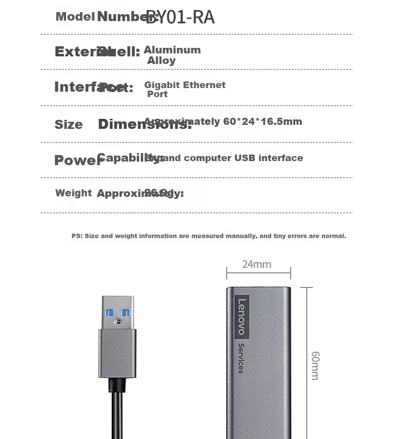 Lenovo Type-C to RJ45 Ethernet Adapter, Gigabit Network Cable Expansion Dock Converter, Compatible with Apple, Xiaomi, Huawei Laptops, Expansion Dock BY01-RC Gigabit 4