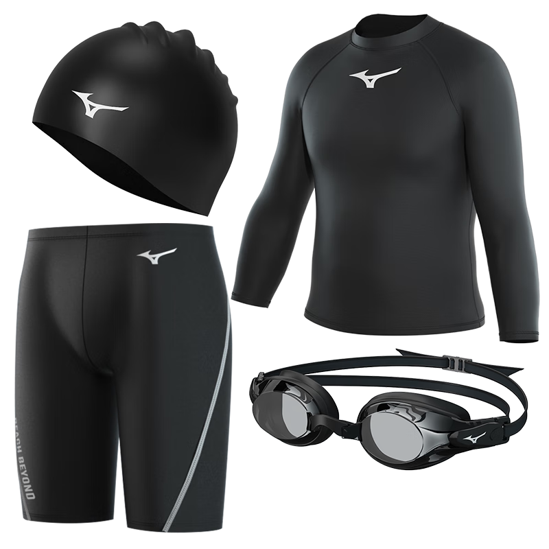 MIZUNO Men's Swimwear Set: Quick-Dry Chlorine-Resistant Swim Shorts, Hot Spring Four-Piece Set, Anti-Embarrassment Large Size Swimming Goggles And Swim Cap 1105 Black XL