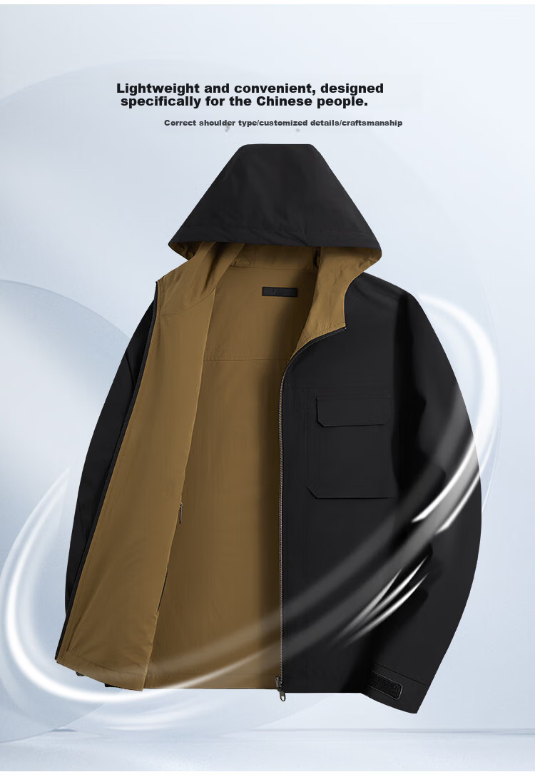 FIRS Double-Sided Hooded Jacket for Men, Spring And Autumn Zipper Windproof Rain-Resistant Adjustable Outdoor Commuter Coat 12