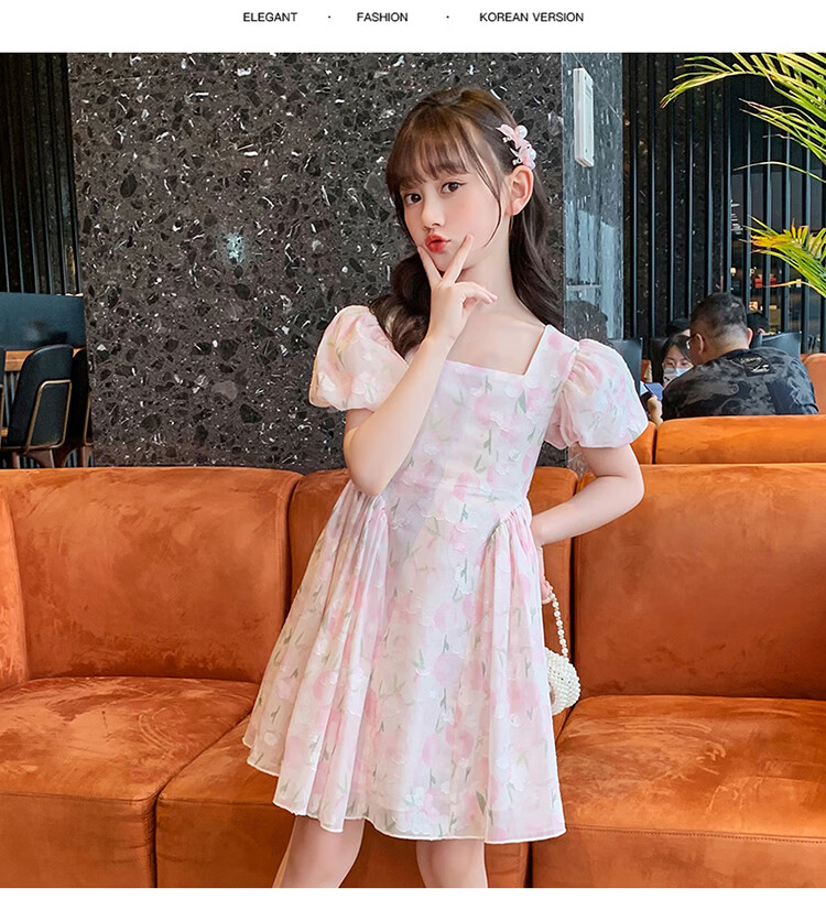 Baminuo Girls' Summer Dress, New Korean Style Children's Fashionable Thin Princess Dress for Older Kids, Pink, Size 120 9