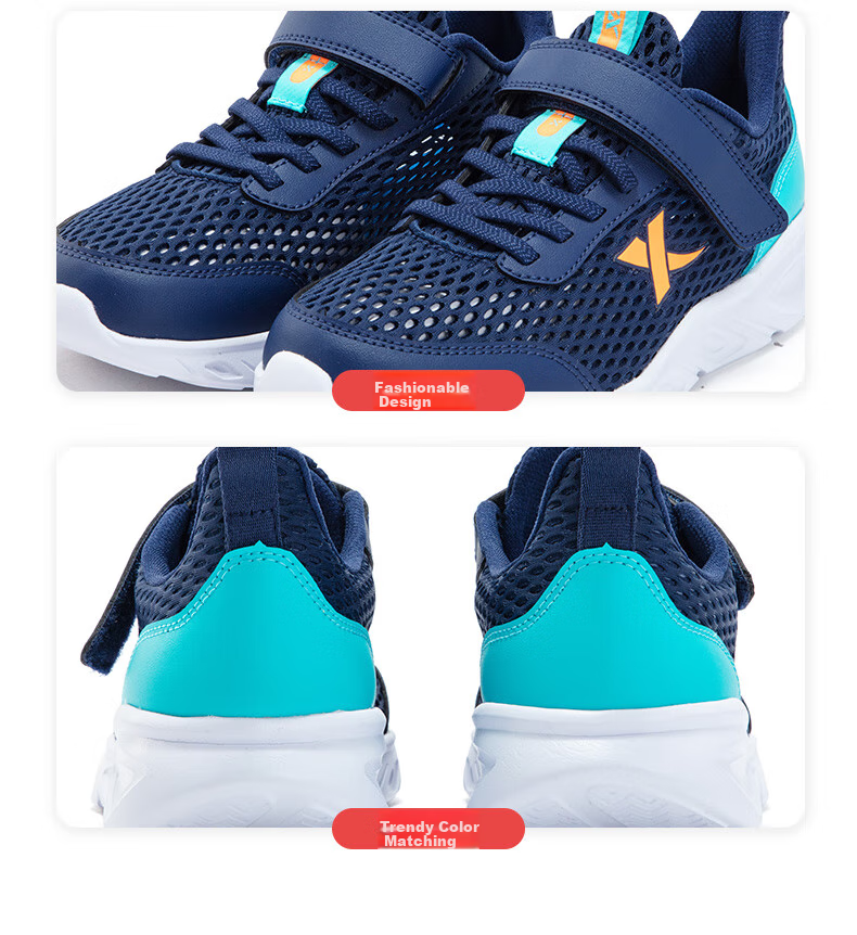 XTEP Children's Shoes for Boys And Girls, Big Kids' Mesh Running Shoes with Velcro, Deep Blue/Bay Blue, Size 37 10