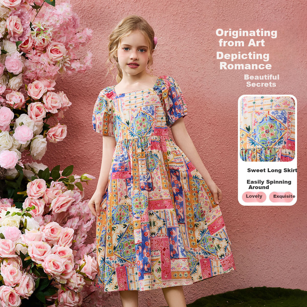ASK JUNIOR Children's Dress, Summer Outing Breathable Girls' Contrasting Color Short-Sleeve Puff Sleeve Dress, Princess Dress