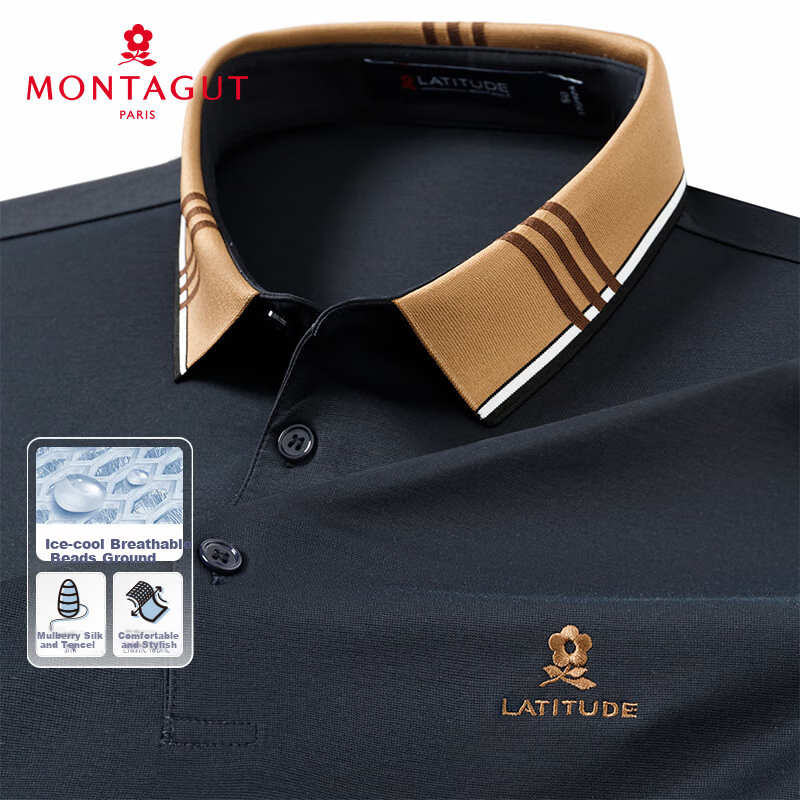 MONTAGUT Summer Short-Sleeve Polo Shirt for Men, High-End Business Mulberry Silk Breathable Cool-Touch T-Shirt, Navy Blue L/50