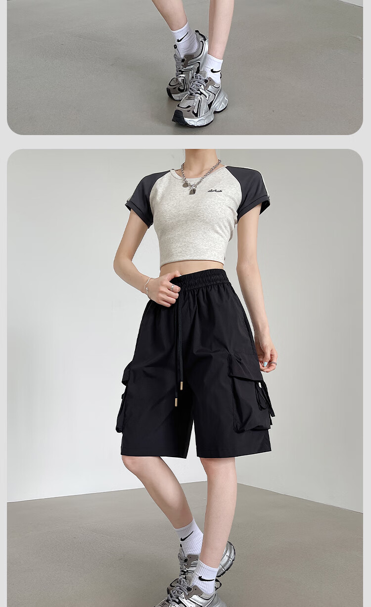Xueqiman Large Pocket Workwear Shorts Women Summer 2026 New American Style Quick-Dry Ice Silk Cool Straight Sports Knee-Length Pants 10