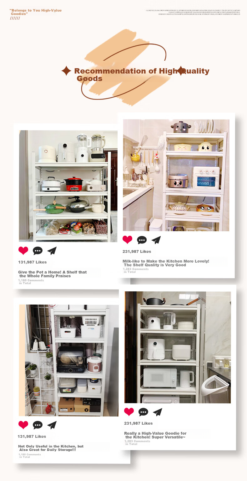 TANGJI Kitchen Multifunctional Storage Rack, Floor-Standing Multi-Layer Shelf, Storage Rack, Microwave Oven Organizer, Five-Tier, 80*40*160 2