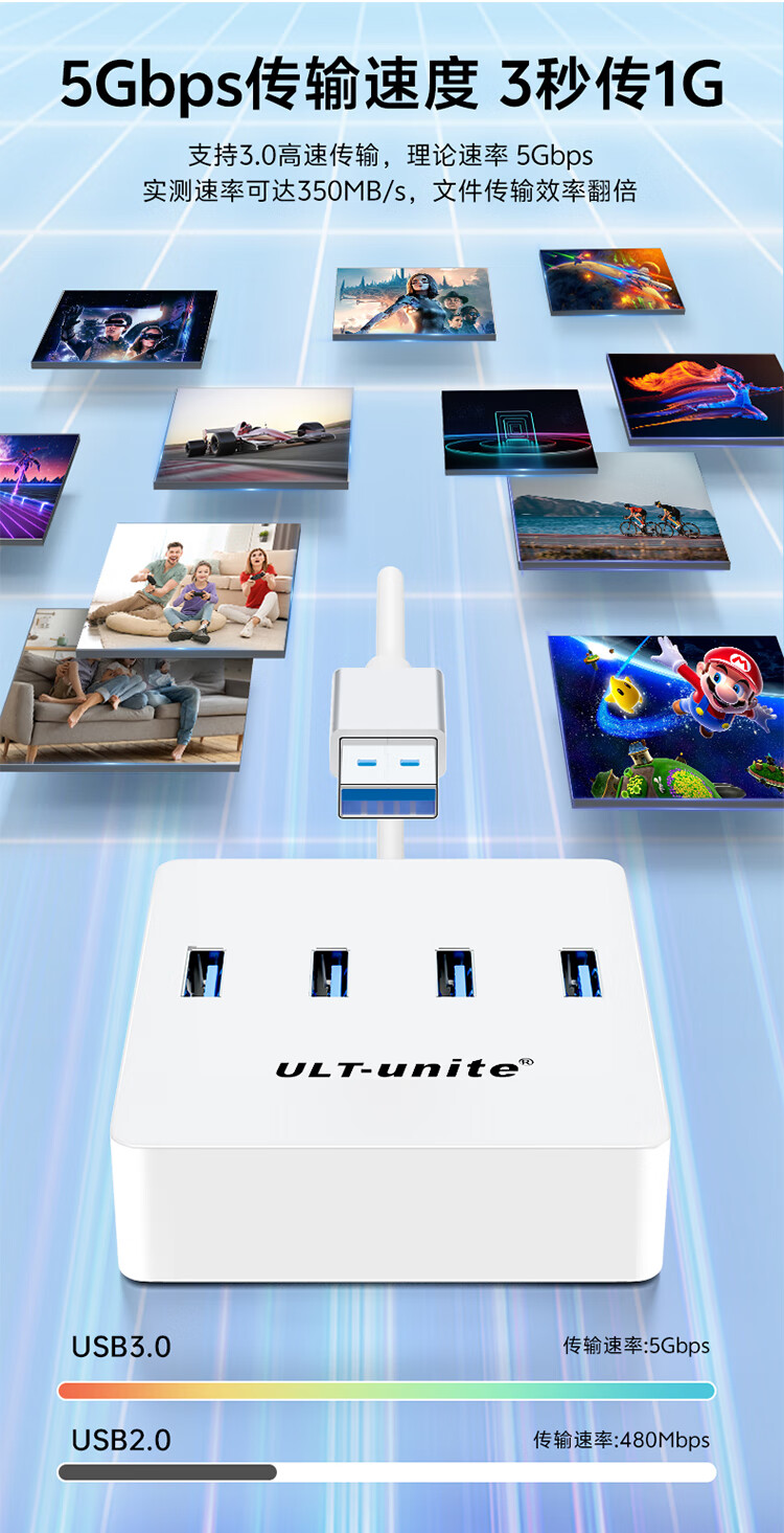 ULT-Unite USB 3.0 Hub, Expansion Dock, High-Speed Four-Port Hub, Laptop And Desktop Multi-Port Adapter, Extension Cable 3