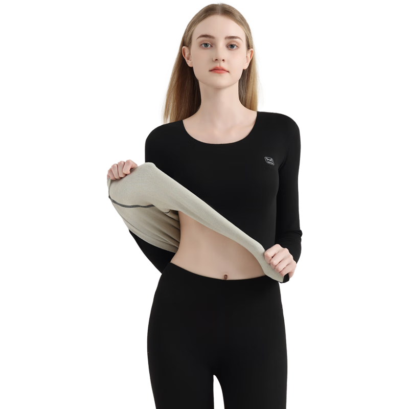 MiiOW Women's Thermal Underwear Set with [Cashmere] - Seamless, Heat-Generating, Slimming Autumn Top And Bottom, Black, 2XL