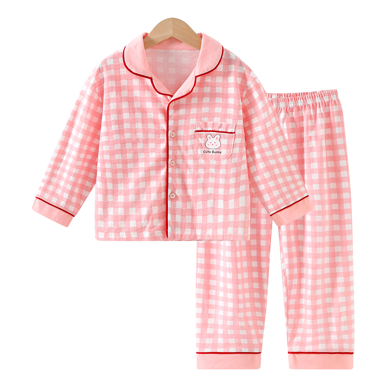 Badibadi Spring And Autumn Cotton Pajama Set for Infants And Toddlers, Boys And Girls Baby Sleepwear Air Conditioning Outfit Plaid Rabbit Pattern Size 140