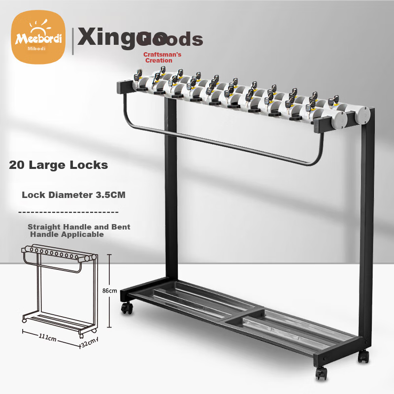 Meebordi Umbrella Stand with Large Lock, Long Handle Umbrella Storage Rack, Mobile Straight Rod Umbrella Stand, Floor-Standing, Customizable for Businesses, 20 Hooks