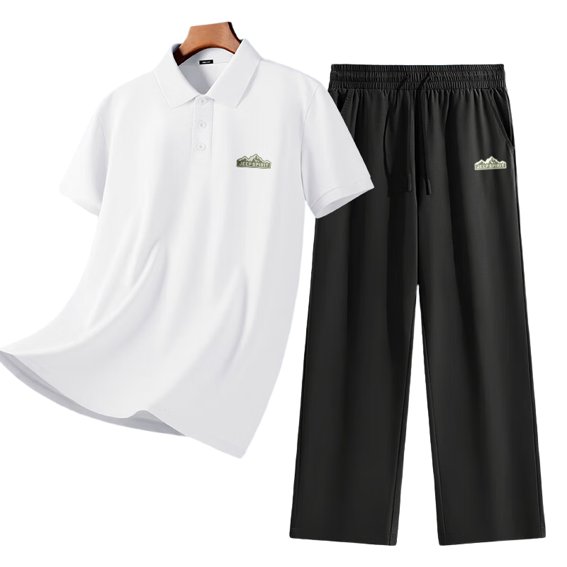 JEEP SPIRIT Men's Polo Shirt Short Sleeve Set Ice Silk Quick-Dry Antibacterial Cooling Straight-Leg Cropped Pants White M