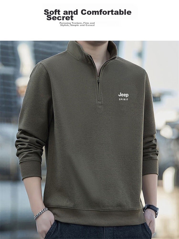 JEEP SPIRIT Men's Sweatshirt, Spring Half-Zip Long-Sleeve T-Shirt, Men's Jacket Undershirt, Army Green, 2XL 2