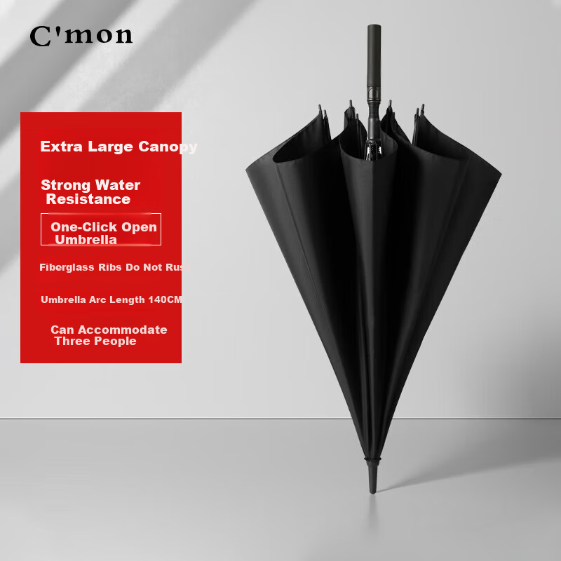 C'mon, Large Umbrella with Long Handle for Two People, Extra Large Men's Business Umbrella, Large Windproof Umbrella, Straight Handle Umbrella in Black