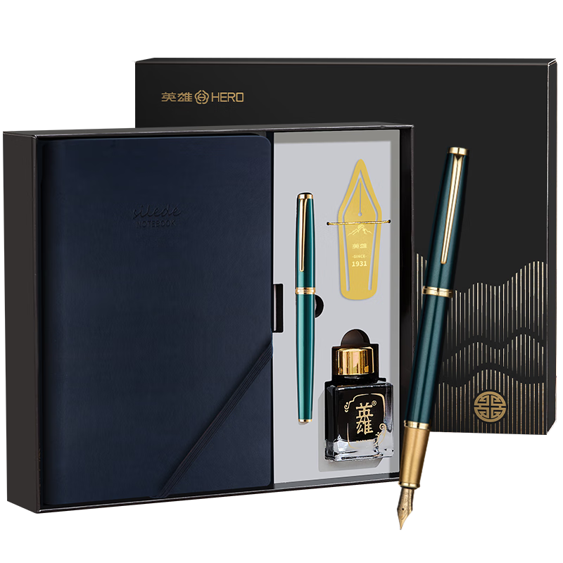HERO Steel Pen Gift Box Glory Series Wufu Student High-Value Birthday Gift Pen and Notebook Set Green F Nib