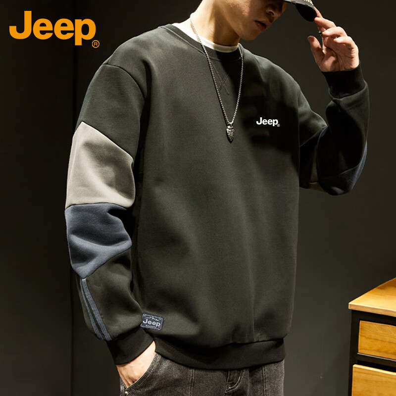 JEEP Men's Autumn Winter Loose Embroidered Sweatshirt Casual Top Black L