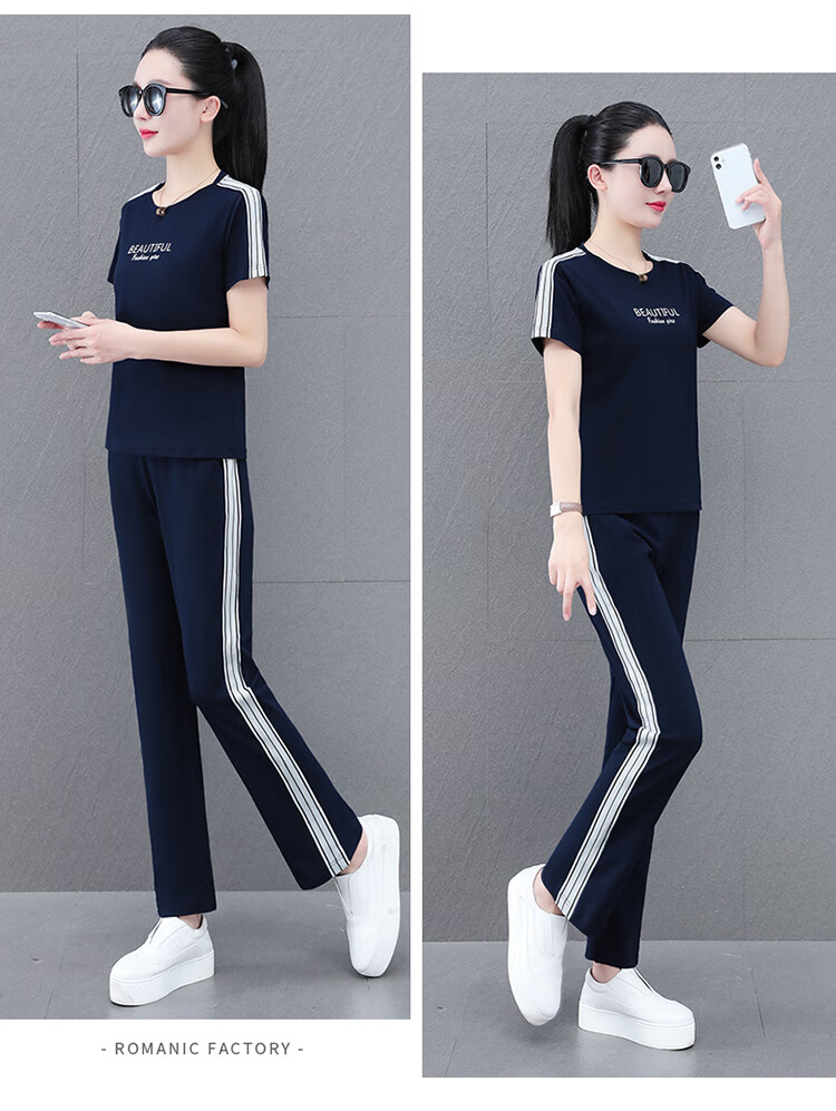 Woodpecker Pure Cotton Women's Summer Sportswear Set Loose Short Sleeve Long Pants Middle-aged Mom Casual Two-piece Suit Royal Blue 4XL 12
