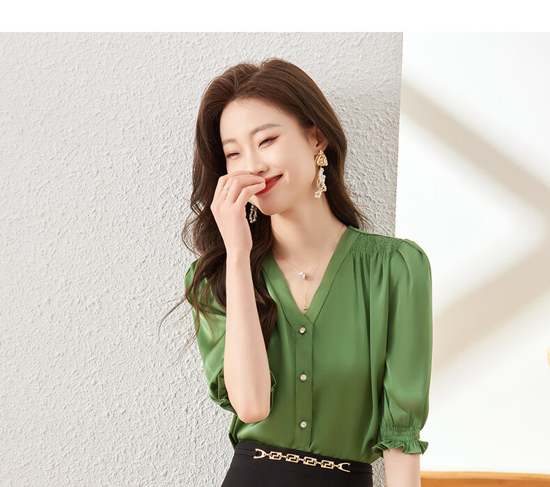 Jeanswest Women's Short-Sleeve Shirt, Summer 2026 Thin Style, Slimming French Inner Layer, Casual Chiffon Blouse, Green, XL 8