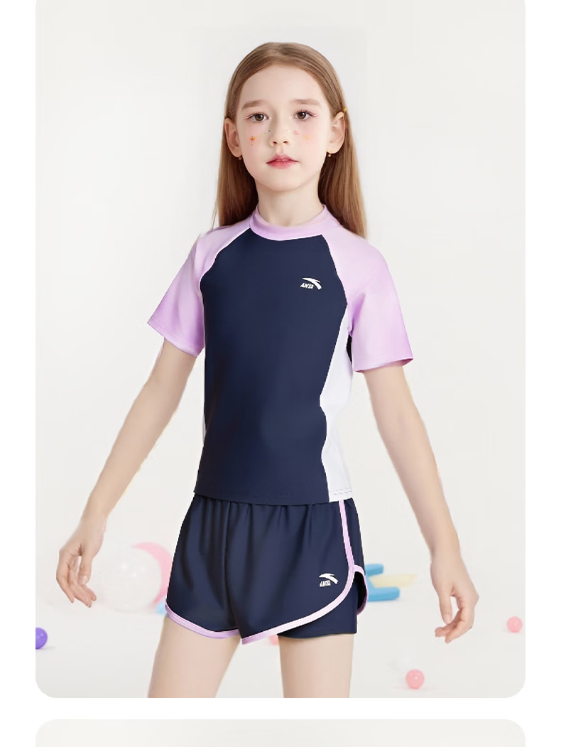 ANTA Children's Swimsuit Girls' New Style Two-Piece Set for Older Kids, Summer Sun Protection Professional Swimming Outfit for Girls, Purple, Size 140 13