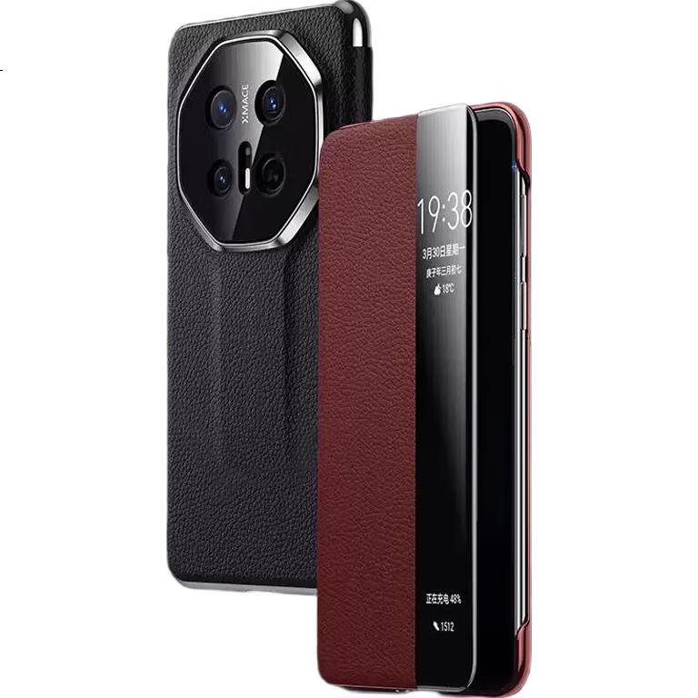 Чехол ZhengJian для Huawei Mate60 RS Porsche Design, флип-чехол с окном Smart View, из натуральной кожи, полная защита, противоударный, рубиново-красный