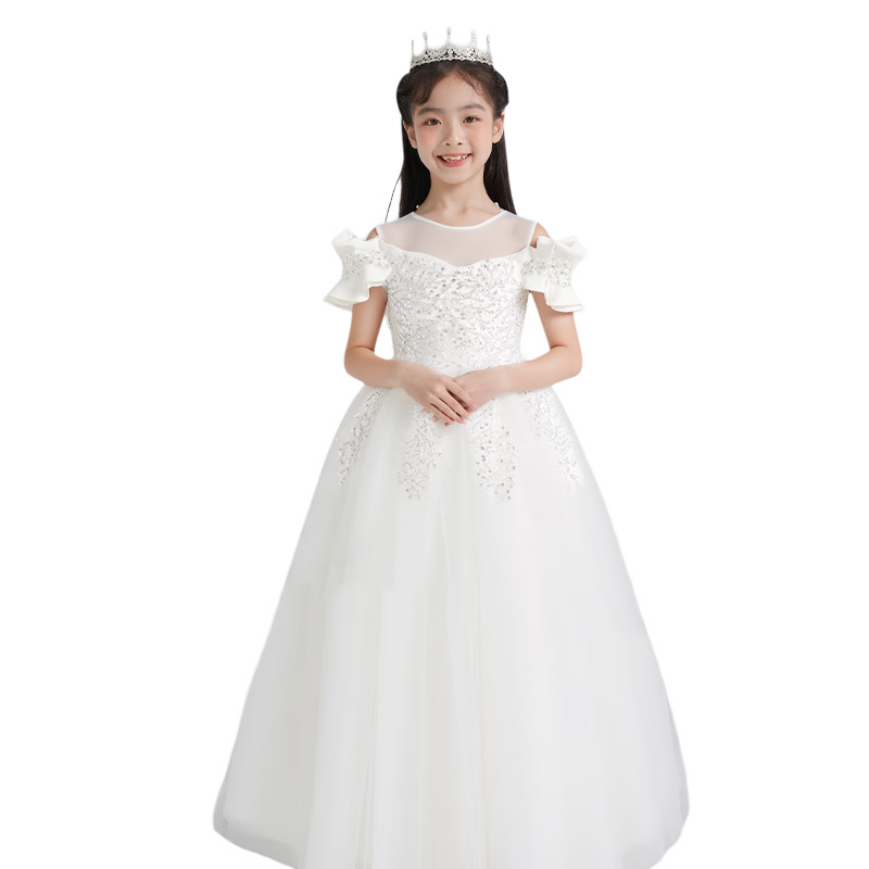 LUOBOBEIBEI Princess Dress, Girls' Tulle Skirt, Children's Formal Wear, Little Girl's Piano Host New Year's Outfit, White, Size 110