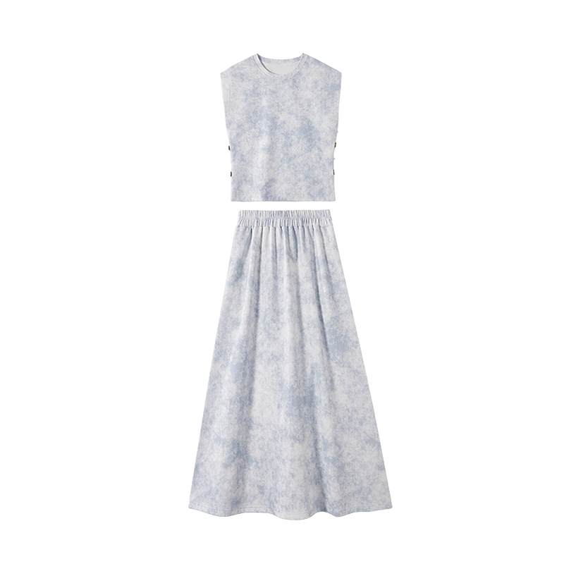 Demana Gradient Print Set Summer Elegant Round Neck Flutter Sleeve Top with Pleated Buttoned Flared Skirt Women's Two-Piece Set