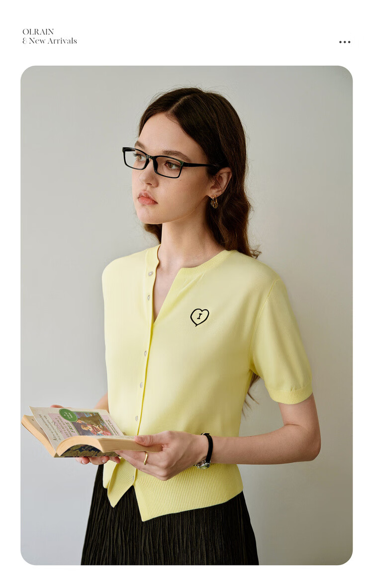 Olrain Heart Embroidered Knit Cardigan Women's Summer V-Neck Short Sleeve Top Yellow XL 5