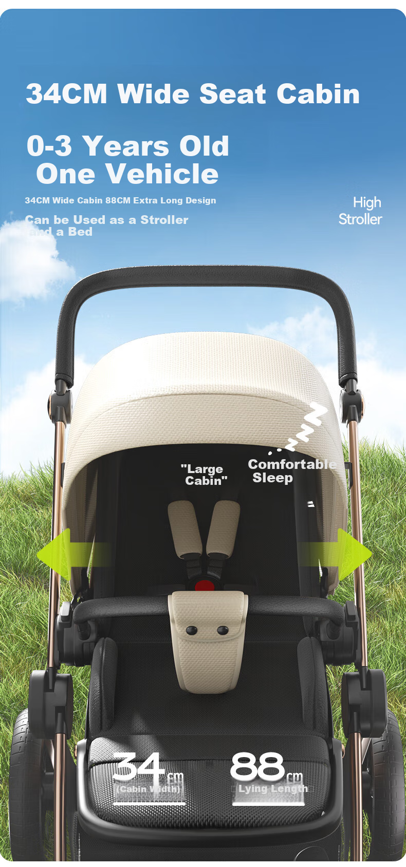 ANGI BABY Stroller with High View, Reversible Seating And Lying Positions, Shock-Absorbing, Foldable, Suitable for Newborns to 3 Years Old 15