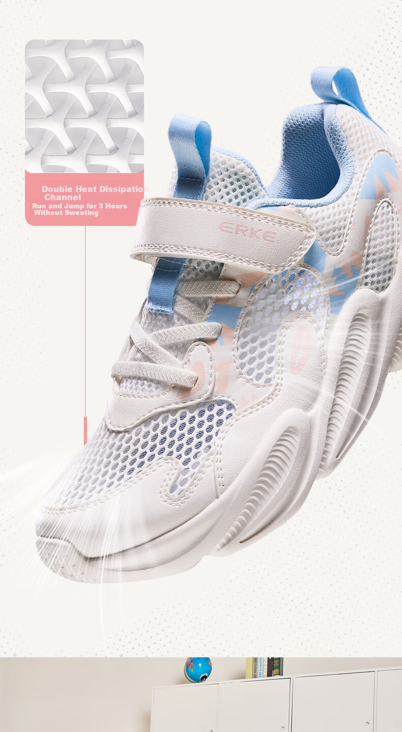 ERKE Children's Shoes, Boys And Girls Big Kids Sports Shoes, Children's Summer Breathable Running Shoes, Micro-Crystal White/light Oxygen Blue, Size 36 19