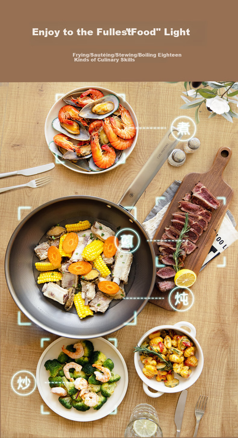 CARL MERTENS Flagship Pure Titanium Wok 28cm Non-Coated Non-Stick Stir-Fry Pan with Lid for Gas Stove And Induction Cooker MTiW28 6