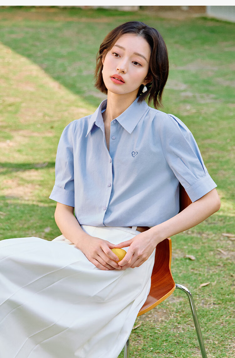 INMAN Commuter Pleated Puff Sleeve Pure Cotton Shirt, Summer Women's Clothing, Turn-Down Collar Embroidered Blouse Top, Light Pink, L 11