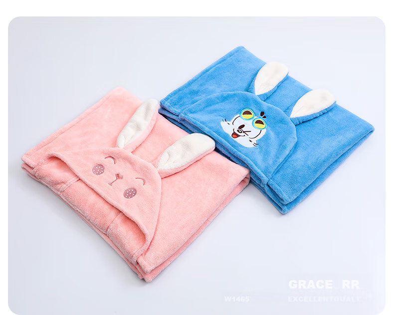 Grace Children's Bath Towel, Soft Coral Fleece, Quick-Drying Baby Bathrobe with Hood, Thickened Long-Eared Rabbit Blue Sports Desig 18