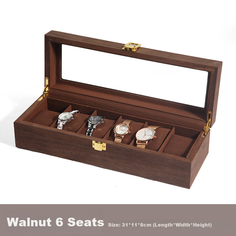 DUOJINJIANG Handmade Wooden Watch Storage Box with Multiple Watch Slots, Dustproof Velvet Interior, Walnut Wood, 6 Watch Slots, Elegant Gift