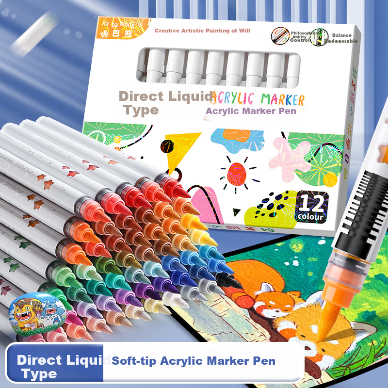 Kabaxiong Acrylic Markers, 12 Colors, Soft Tip, Direct Liquid Type, for Students' Art, Waterproof, Stackable Colors, Non-Waterproof, Watercolor Pens, Art Educatio