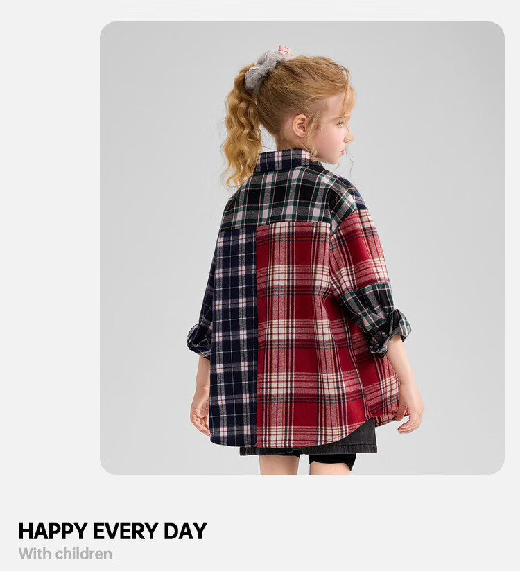 ASK JUNIOR Kids Shirt 2025 Autumn Plaid Brushed Cotton Colorblock Shirt Jacket with Bear Decoration for Girls 4