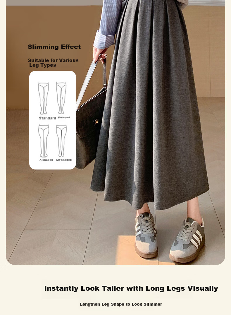 LangSha Women's Woolen Feel Skirt 2026 Spring Autumn High Waist Loose Slim A-Line Mid-Length Skirt 6