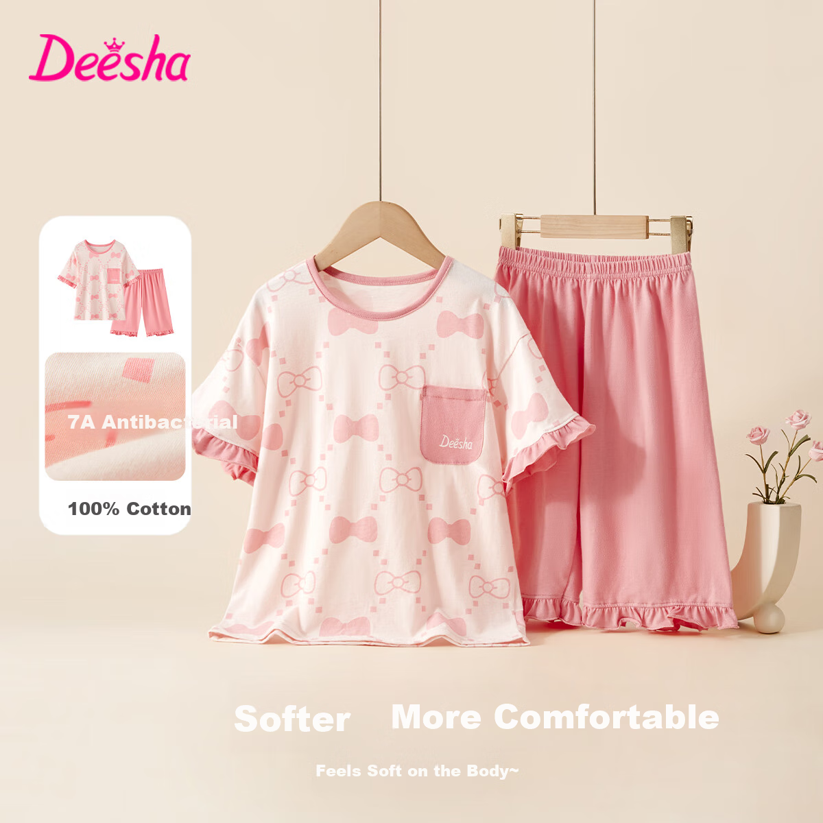 DEESHA [7A Antibacterial Cotton] Girls' Spring Summer Short Sleeve and Five-Point Pants Homewear Set Baby Two-Piece Pajamas