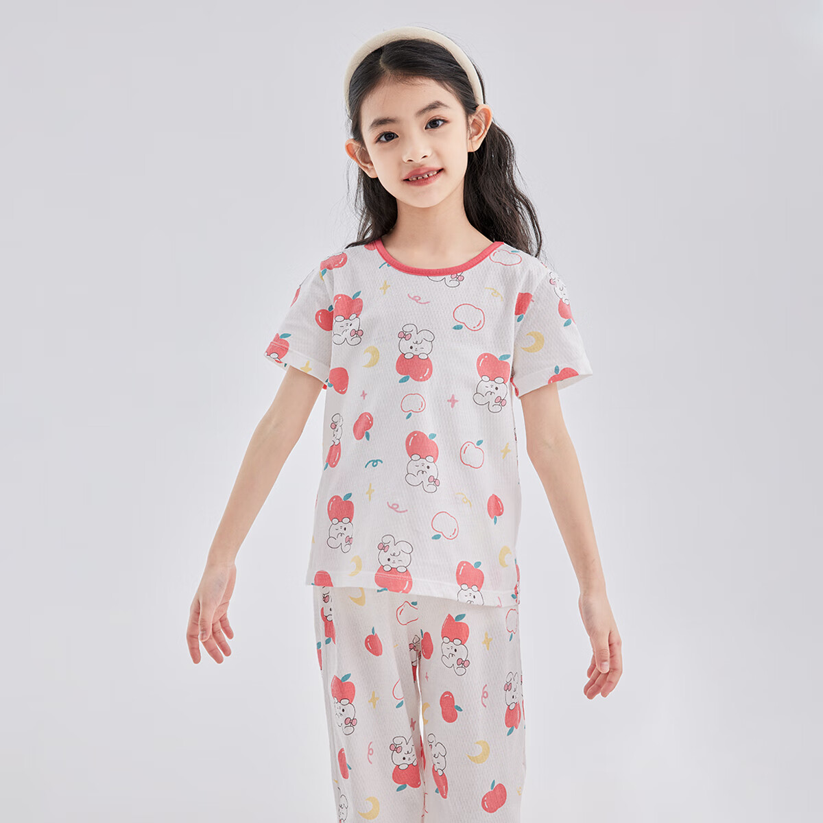 DEESHA [7A Antibacterial Cotton Mesh Jacquard] Girls' Lightweight Short-Sleeve Pajama Set, Soft Cotton Skin-Friendly Air Conditioning Wear