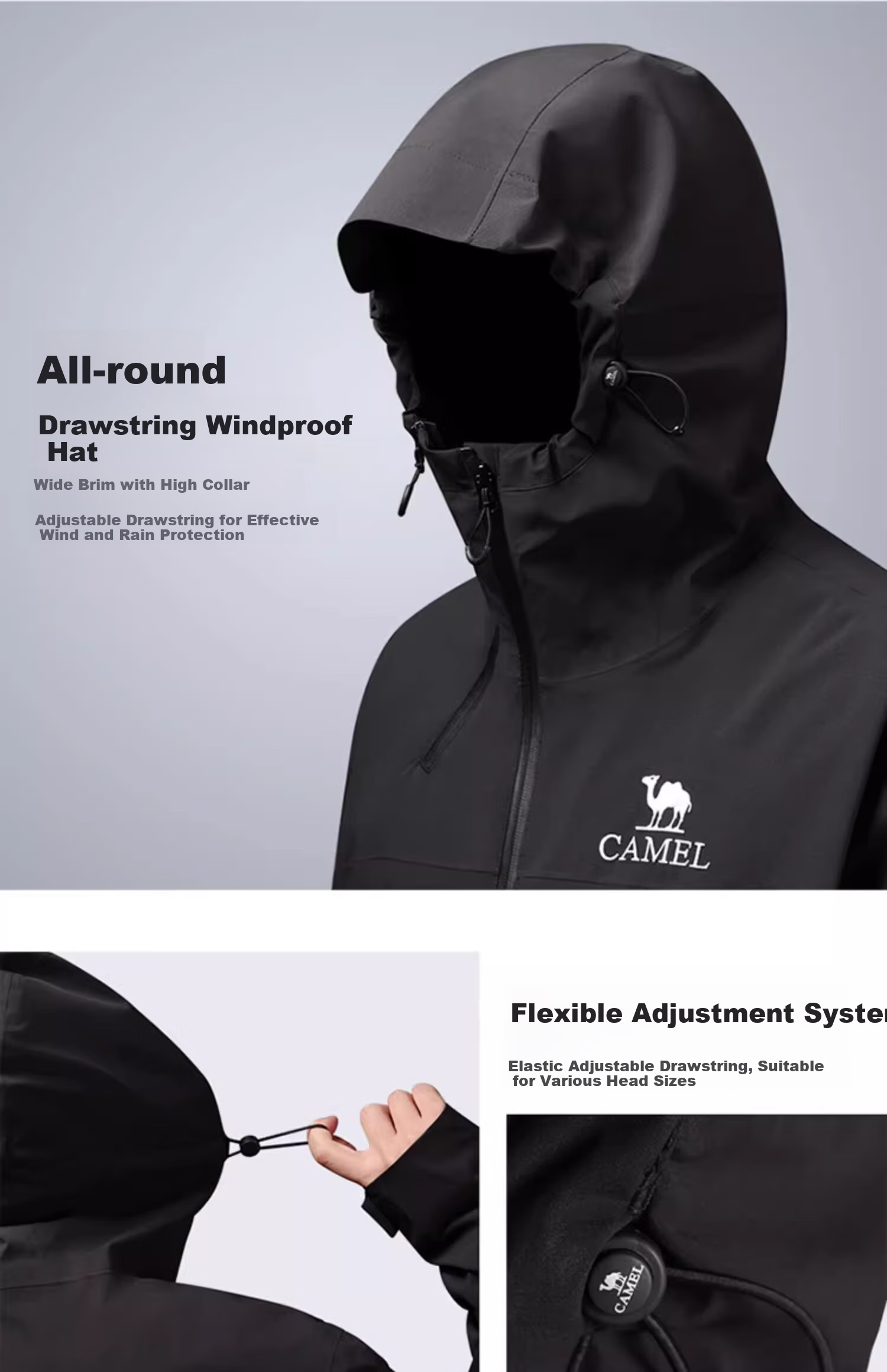 CAMEL Outdoor Hardshell Jacket for Men And Women, Windproof And Waterproof Coat, New Autumn Hiking Wear for 2024 [Black Armor] R727 19