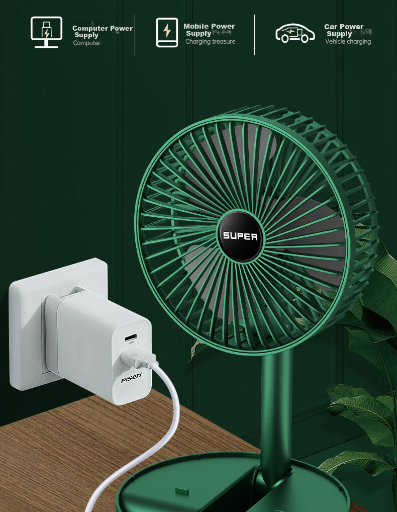 Dipuer Foldable Retractable Small Fan, Desktop Office Dorm Small Electric Fan, USB Rechargeable Portable Home Outdoor Floor-Standing High-Power Mini Fan - Gree 10