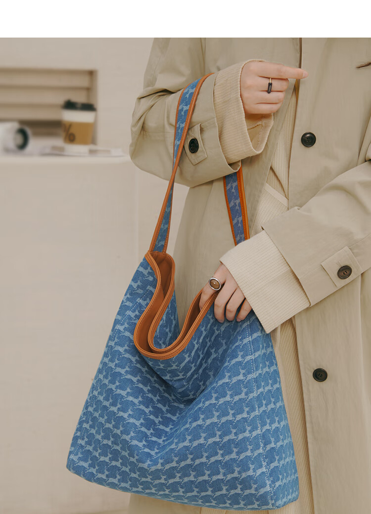 Mood Autumn And Winter Large Capacity Tote Bag for Women, Denim Canvas Lightweight Commuter Shoulder Underarm Bag, Birthday Gift Versatile Blue 16