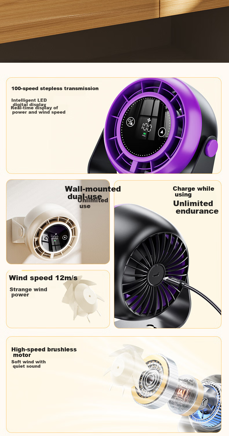 BIAZE Desktop Circulating Fan, Wall-Mounted No-Drilling Quiet Circulating Cooling Fan, Adjustable Smart Digital Display, Creative Electric Fan for Office, Dormitory, Kitchen FS25 Deep Space Gray 2
