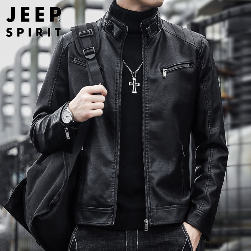 JEEP SPIRIT Men's Leather Jacket Autumn Winter Loose Fit Stand Collar Biker Leather Jacket Black 2XL